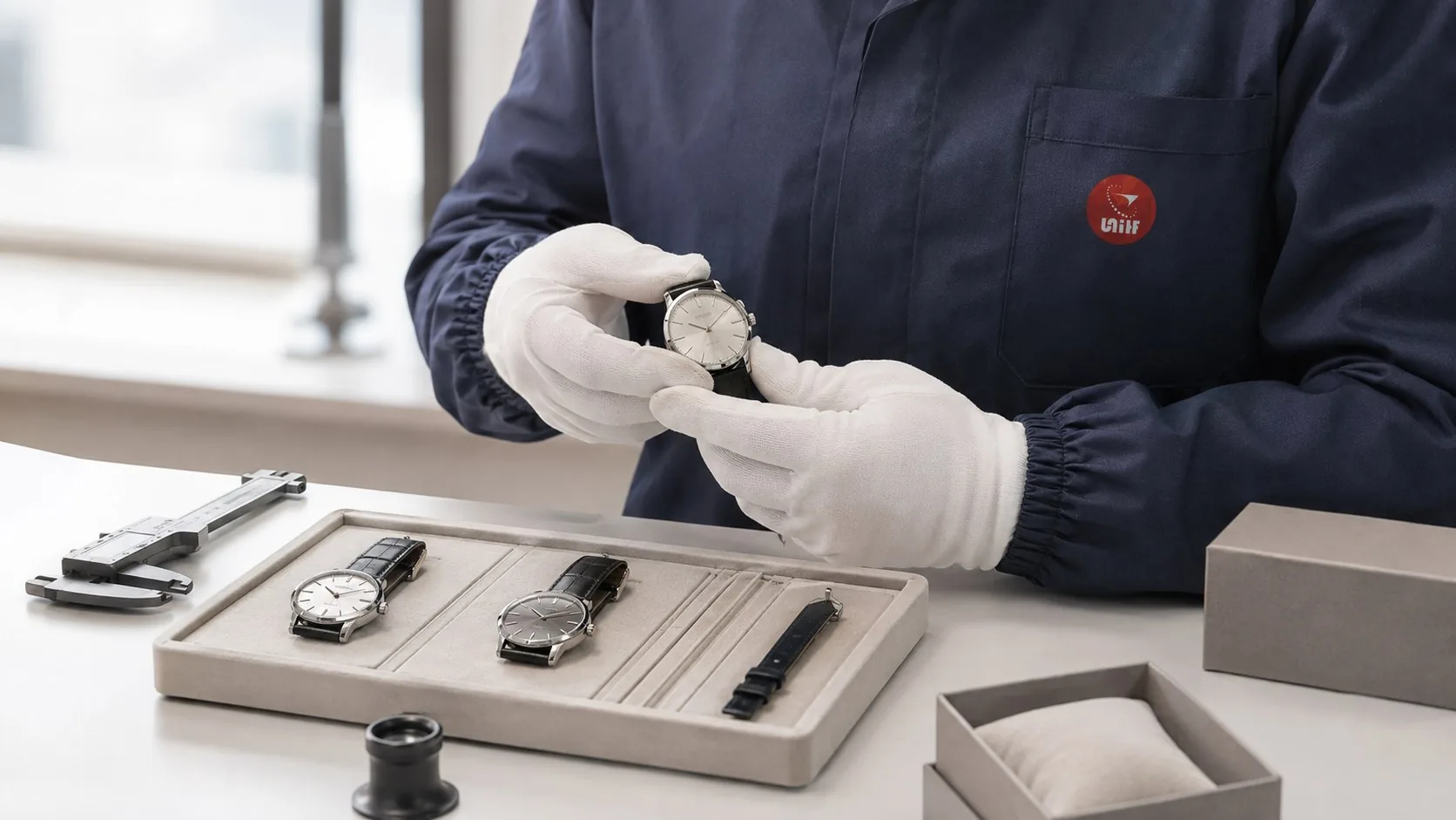 Gloved inspector checking a watch beside leather straps and a caliper