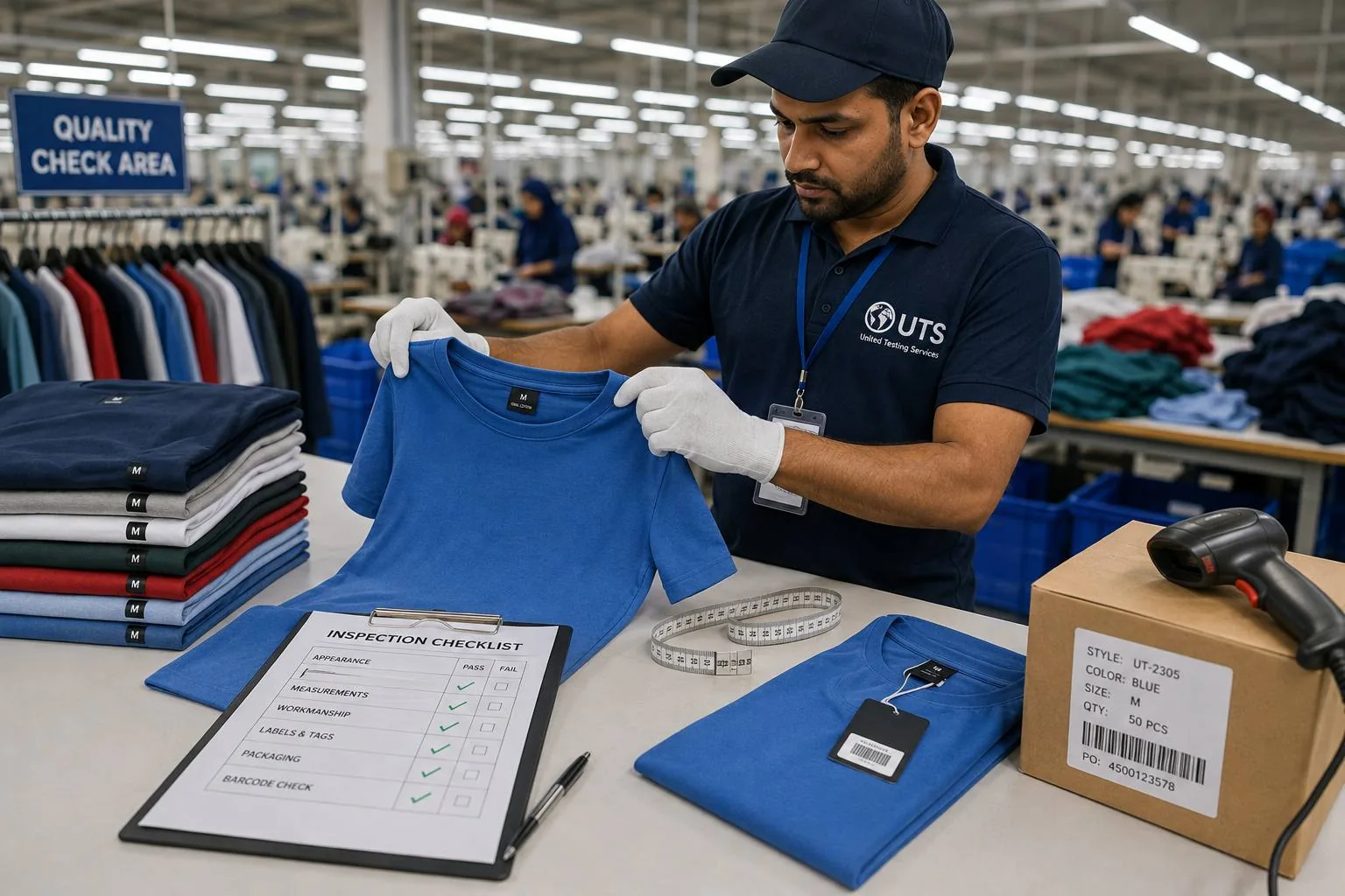 UTS inspector checking garments at a factory quality control area in Pakistan