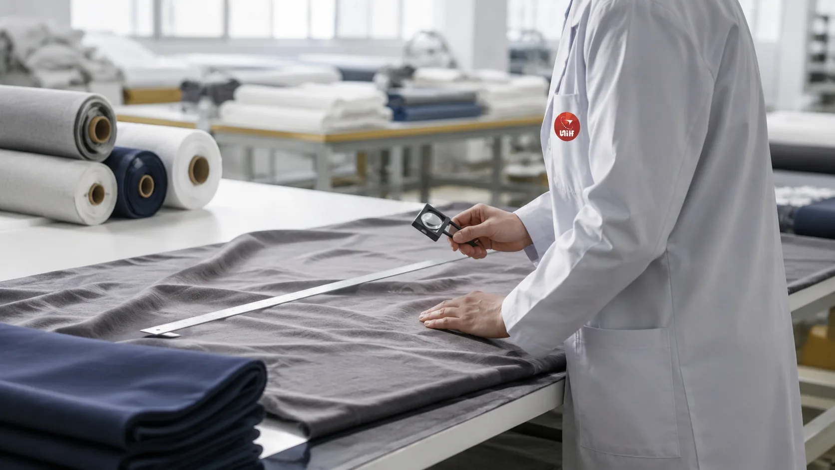 Inspector measuring a dark leather sheet with a ruler and loupe on a factory cutting table