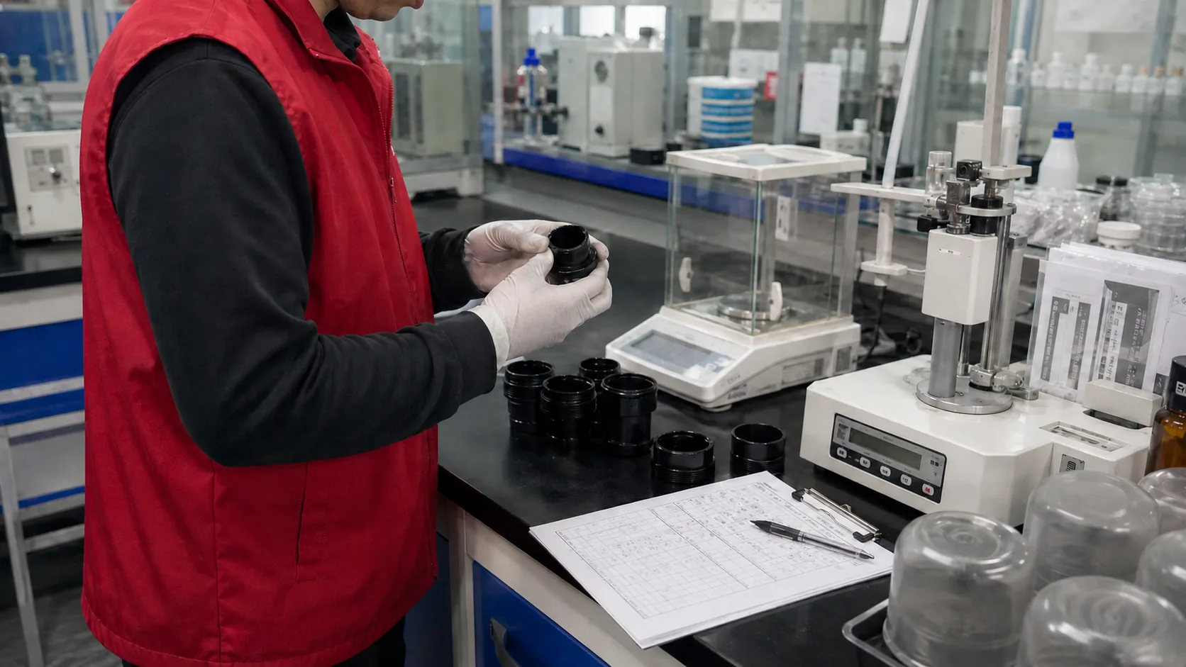 UTS inspector running electrical tests on product components at the factory