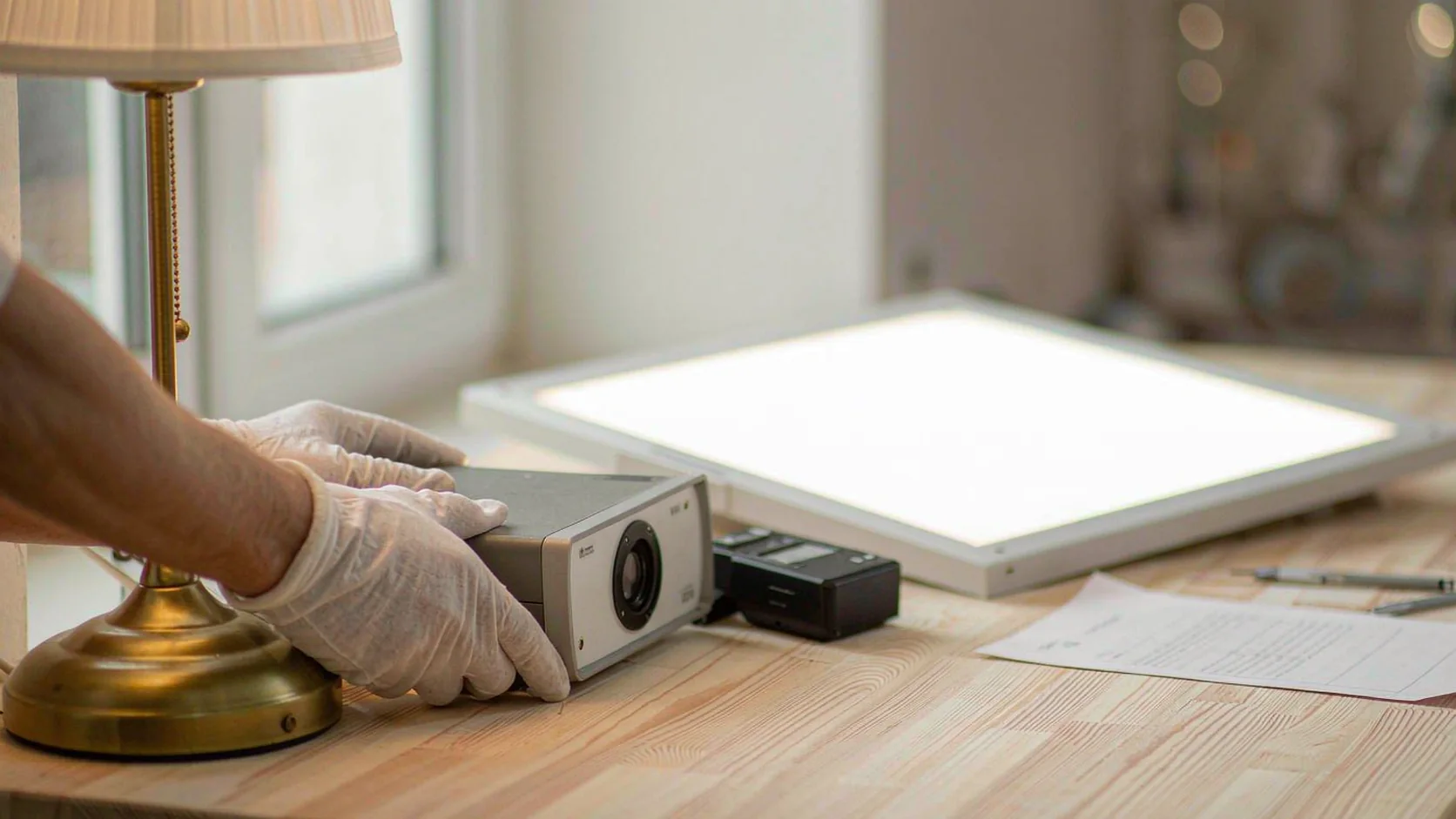 Hands in white gloves checking a lit LED panel with a lux meter at the inspection bench