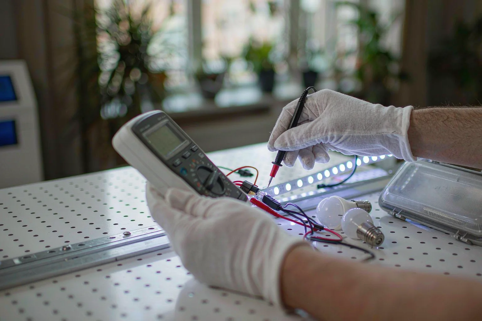 Hands in white gloves testing a lighting product and its controls at the bench