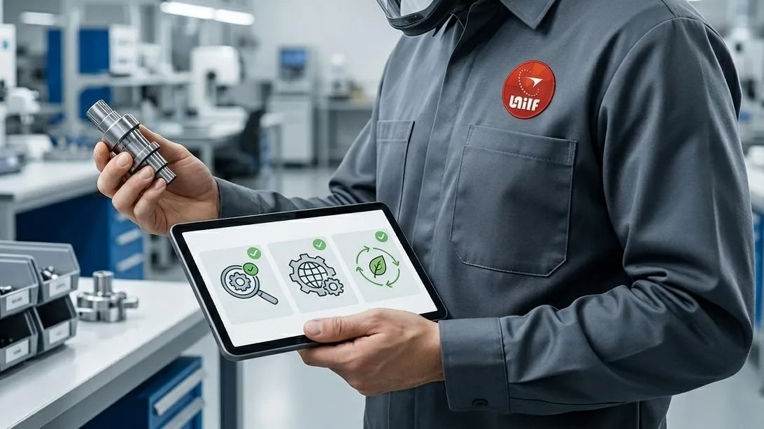 UTS inspector holding a machined metal shaft and reviewing check results on a tablet