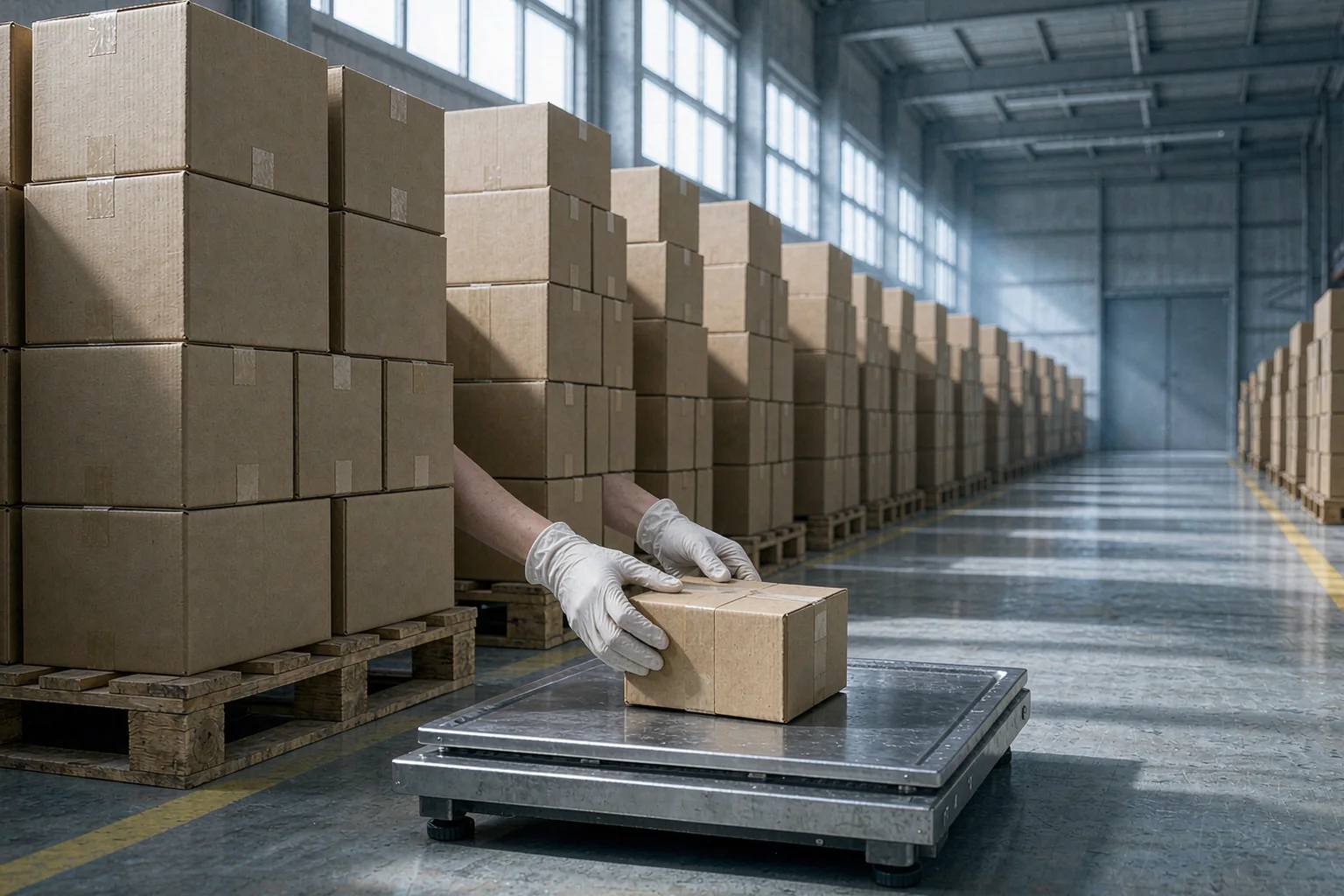 Cartons on pallets and a platform scale in a warehouse packing area