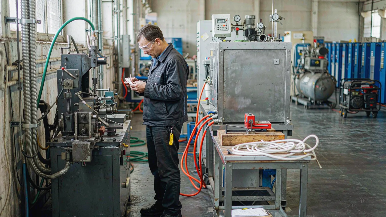 UTS inspector checking a production machine and its accessories at the factory, with compressor, generator and packing equipment behind