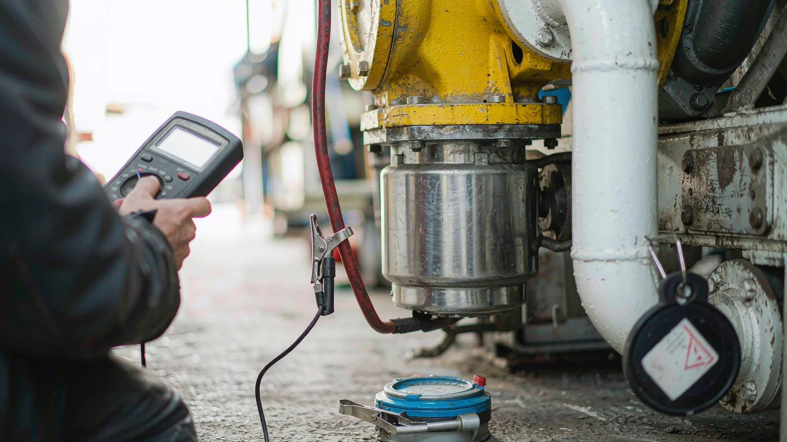 Inspector measuring the electrical draw of a running machine with a clamp meter and handheld meter at the factory