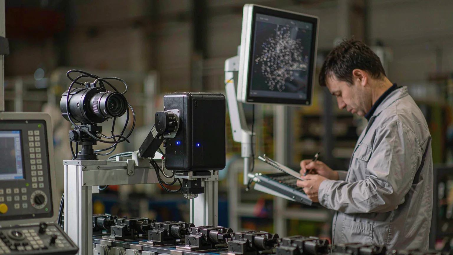 Machine-vision camera and laser sensor mounted over a conveyor line, with an inspector reviewing the automated inspection records
