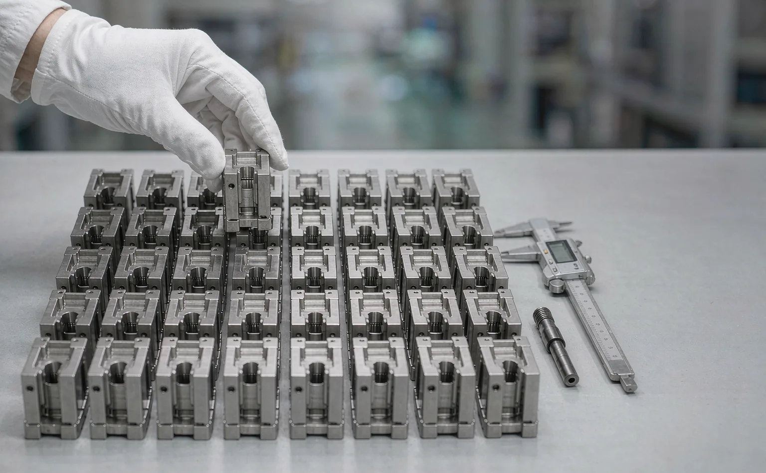 Identical machined steel parts laid out in rows while an inspector pulls a random sample and measures it with a caliper