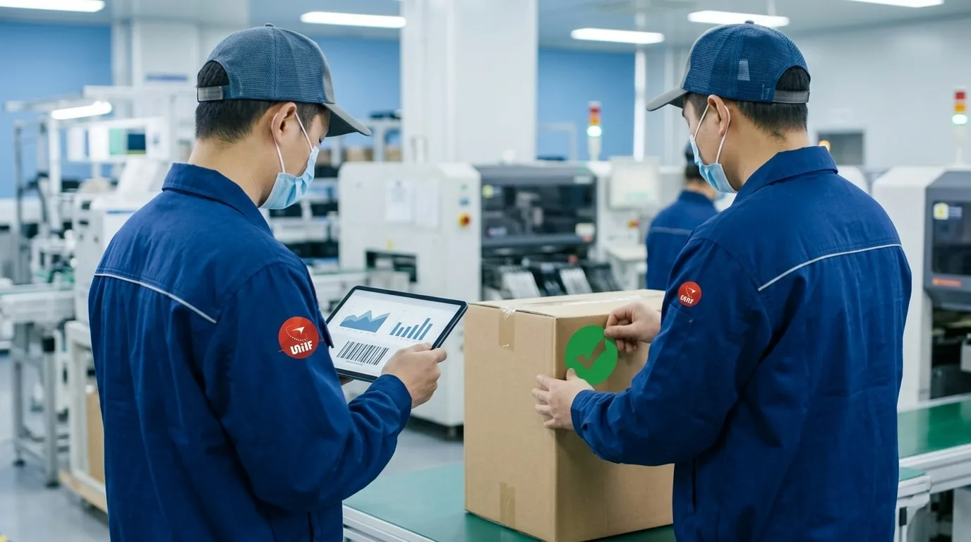 UTS inspectors verifying carton weight at a factory warehouse