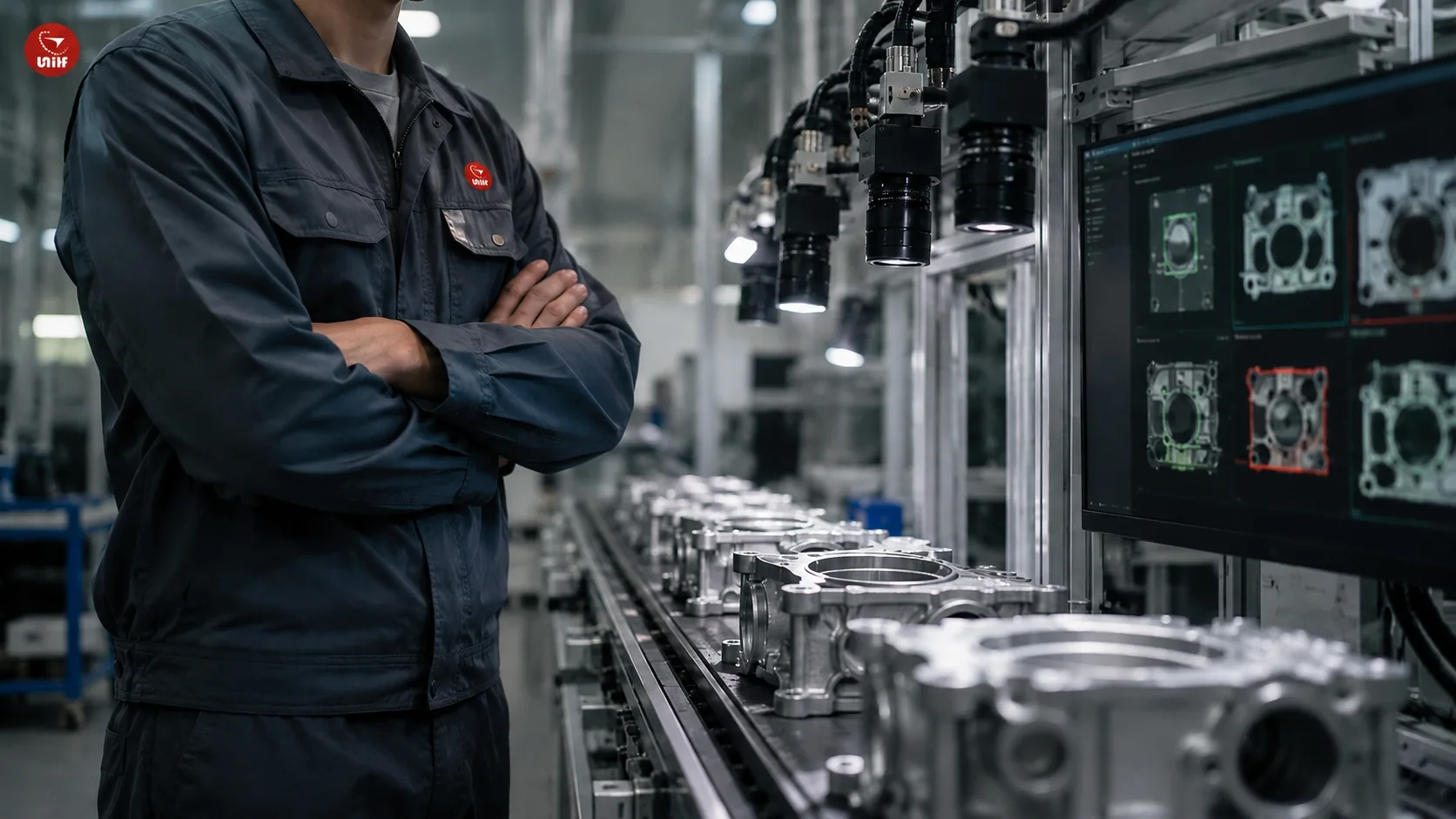 UTS inspector reviewing an automated metal parts production line