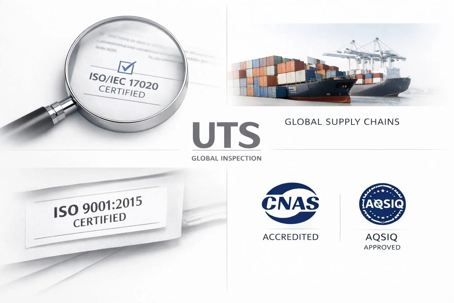 UTS Inspection accreditations: ISO 9001:2015 certified, CNAS and AQSIQ accredited inspection body