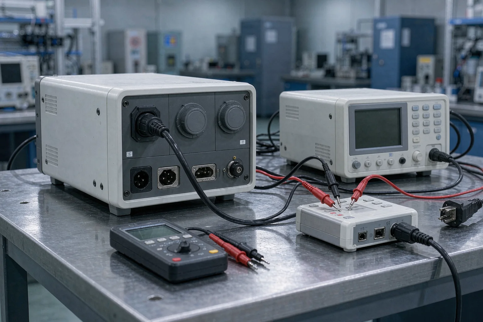 Electrical safety test bench with a hipot tester and probes on a small electronic product