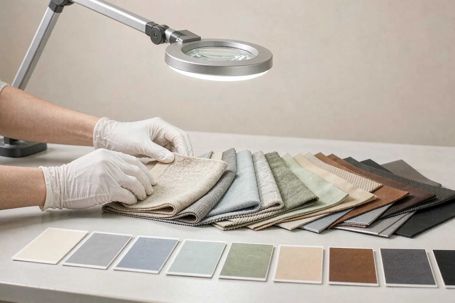 Fabric swatches compared on an inspection table under a magnifier lamp
