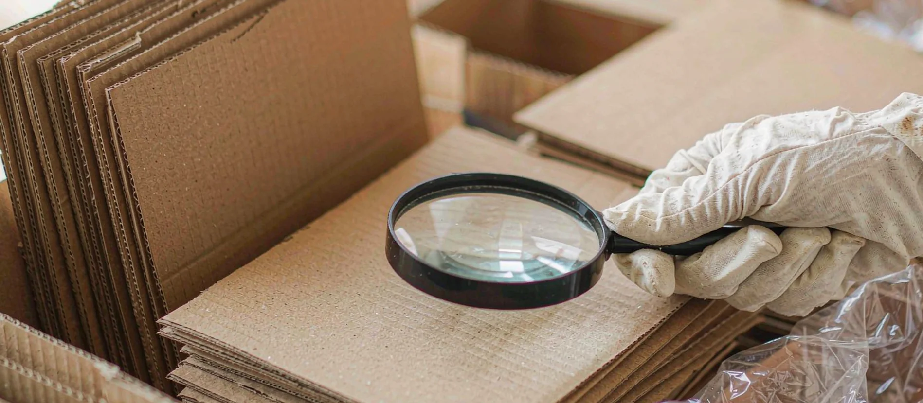 Hands in white gloves checking an open carton with a magnifier