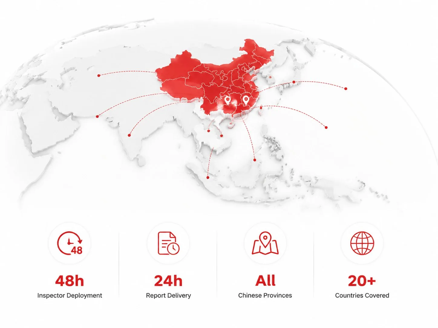 Asia map showing UTS inspection coverage: 48-hour inspector deployment, 24-hour report delivery, all Chinese provinces and over 20 countries covered