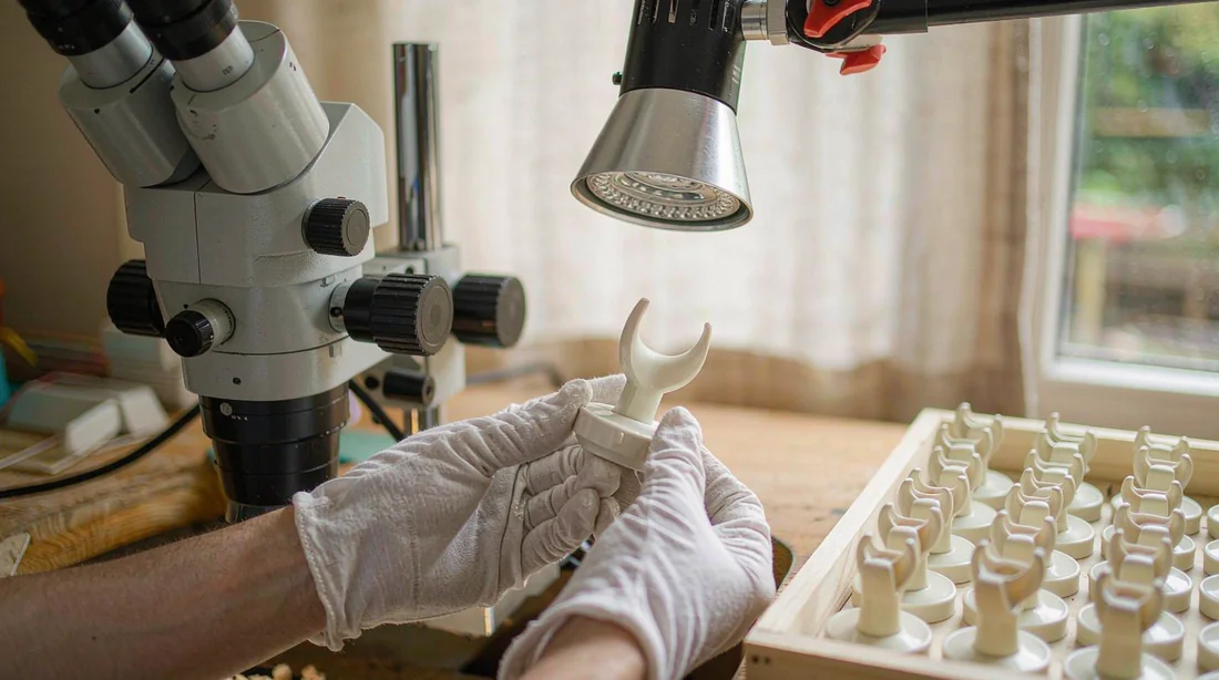 Hands in white gloves inspecting small moulded parts under a stereo microscope