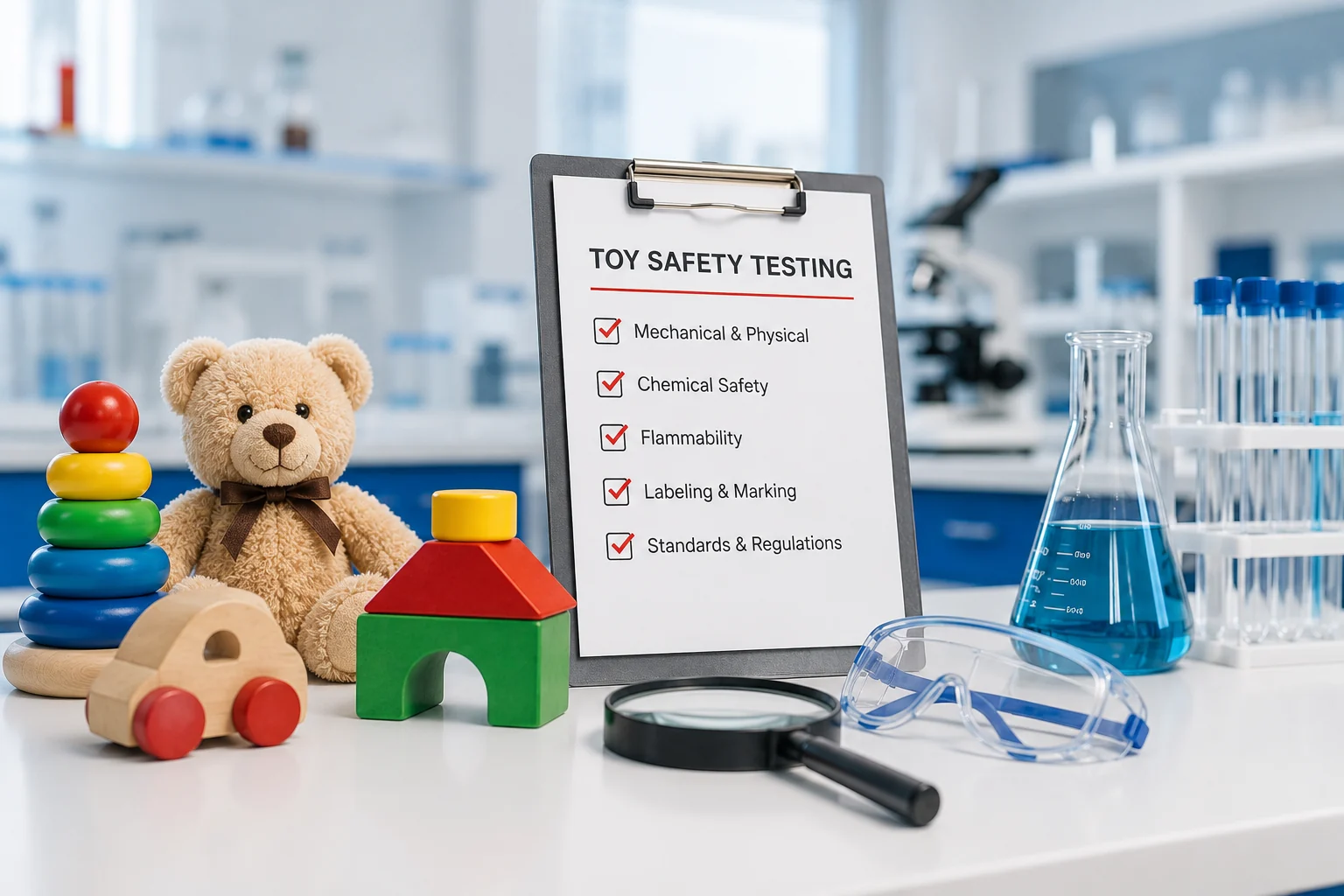 Molded plastic products arranged beside an inspection checklist and laboratory glassware