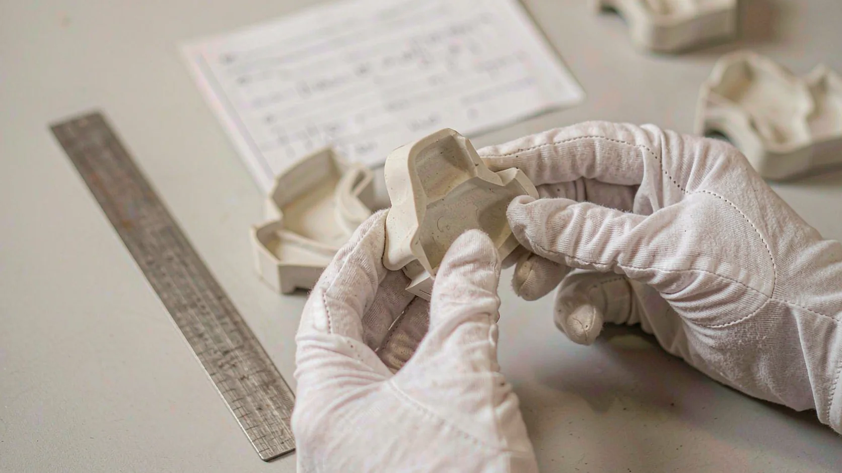 Hands in white gloves reviewing production and inspection records on site