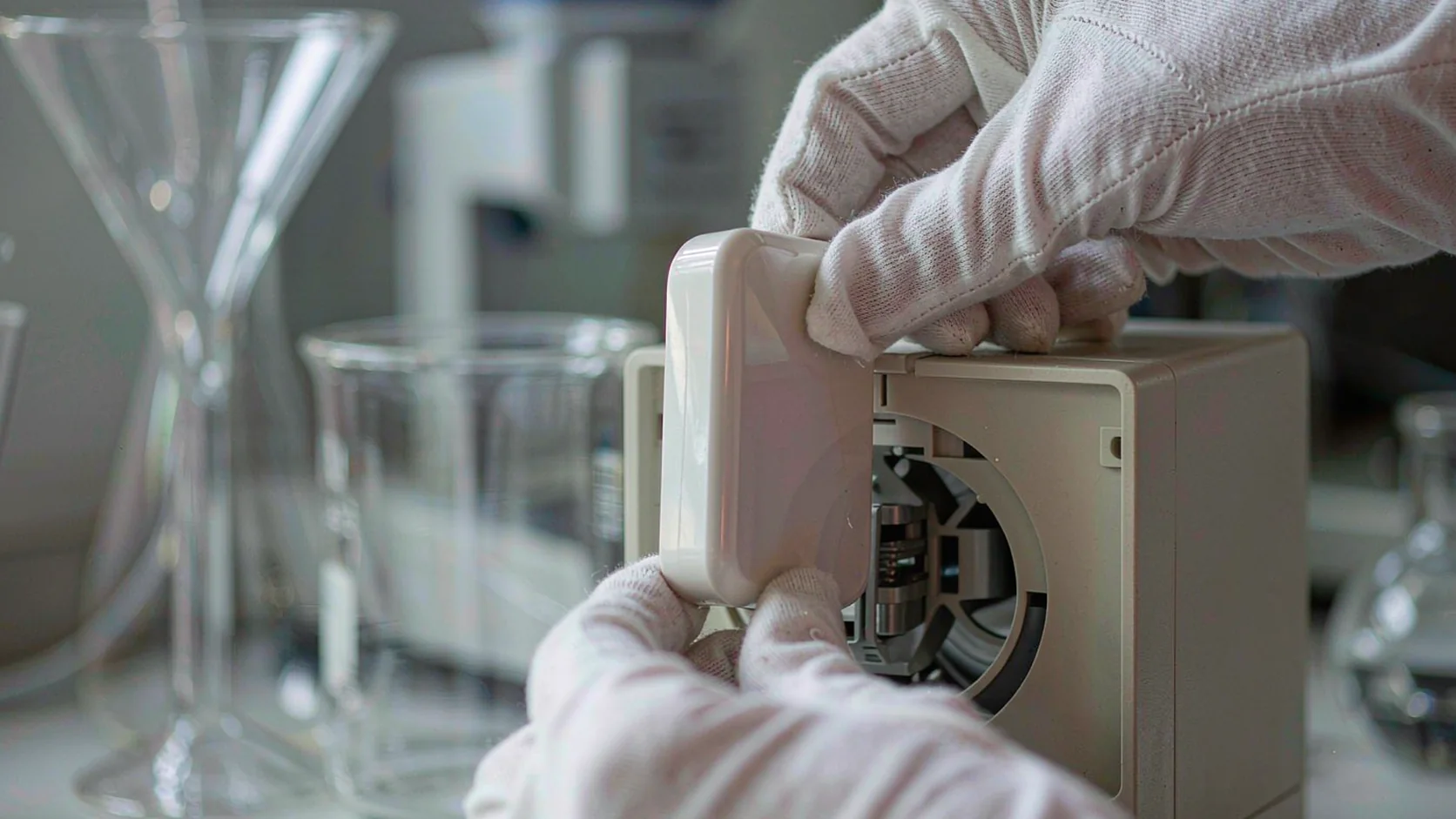 Hands in white gloves checking a moulded plastic housing in the laboratory