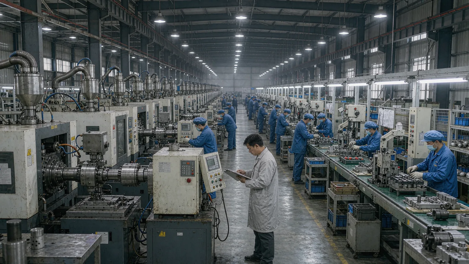 UTS auditor in a light work coat recording notes on a clipboard on the walkway of a large factory production hall lined with injection moulding machines and assembly lines