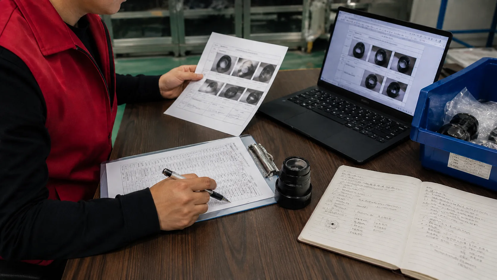 UTS auditor reviewing an inspection report with product samples and a laptop