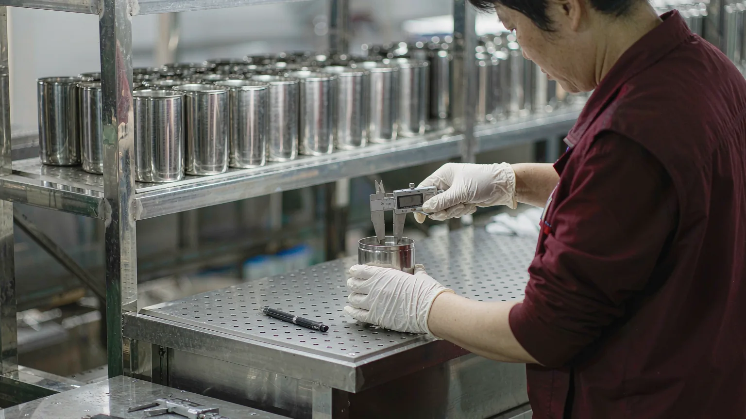 UTS inspector measuring a stainless-steel insulated tumbler with a digital caliper at the factory workbench, with a metal pen and a USB flash drive from the same giveaway order waiting to be checked