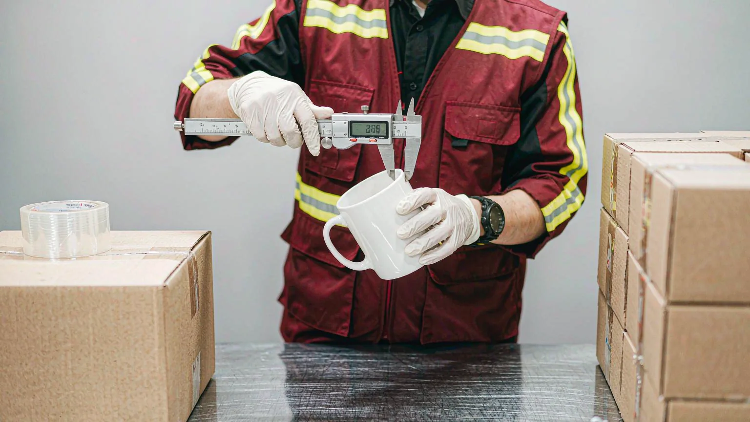 UTS inspector measuring the rim of a promotional ceramic mug with a digital caliper on the factory bench, beside sealed export cartons packed with the same hard giveaway items