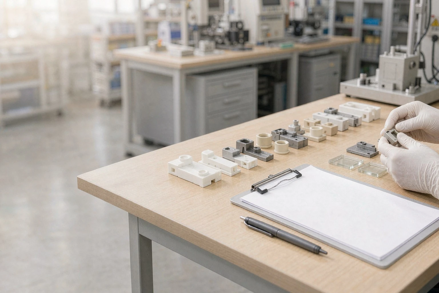 Inspection bench with a written report, samples and tools in a factory
