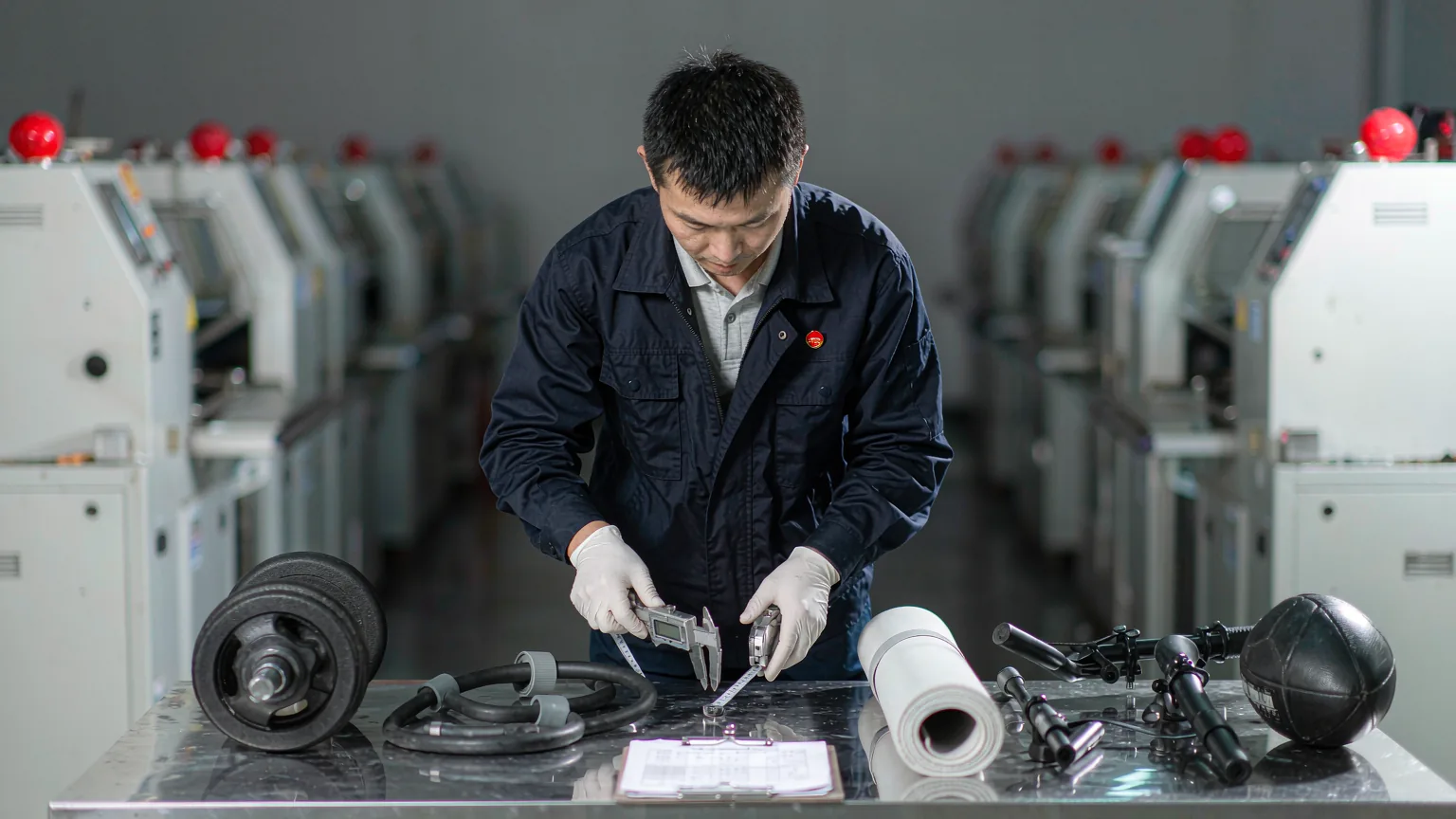 UTS inspector measuring a dumbbell, resistance band, yoga mat, bicycle parts and a ball with a caliper and tape measure on an inspection table at the factory