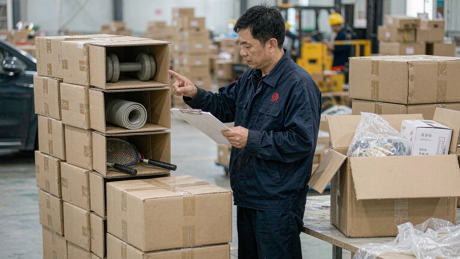 UTS inspector counting export cartons of sports goods against a clipboard checklist in the factory packing area