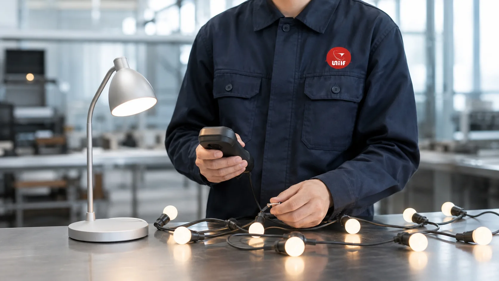 Lighting inspection: inspector running electrical checks on lamps and components
