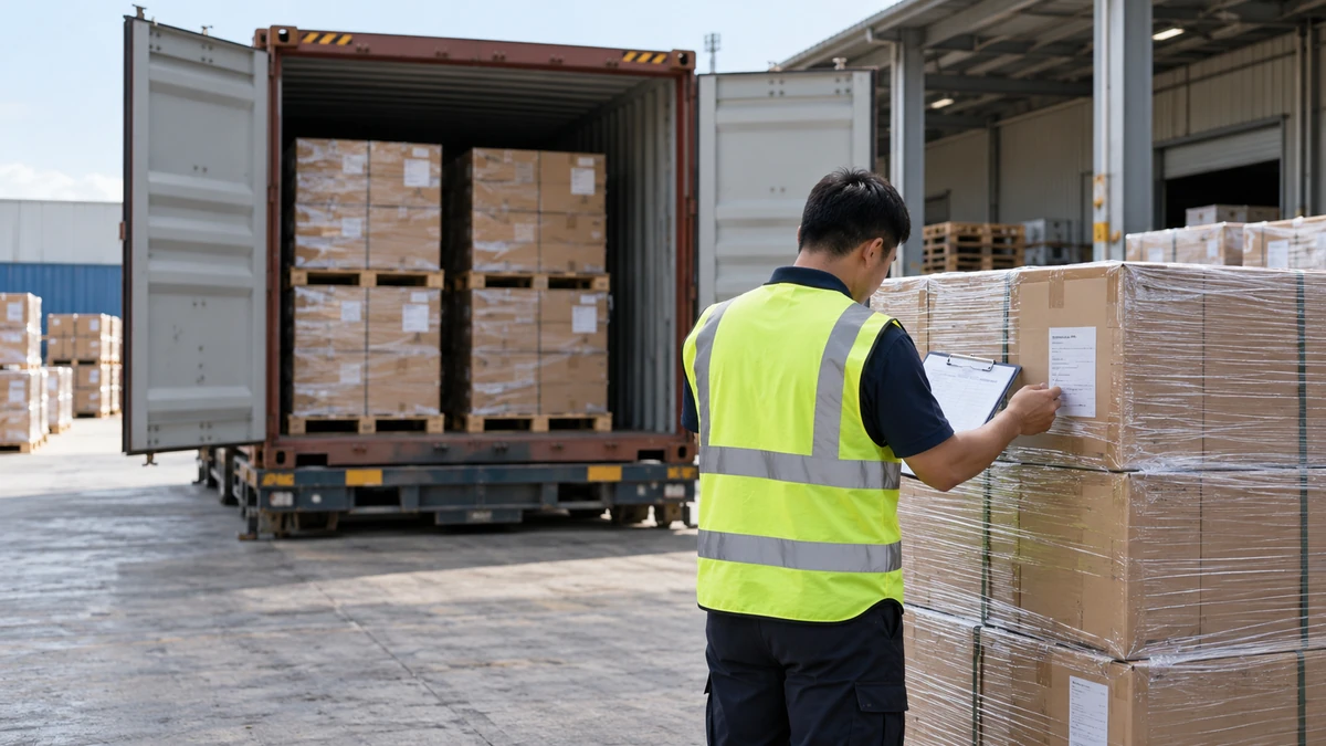 Inspector checking carton labels and pallet records during container loading