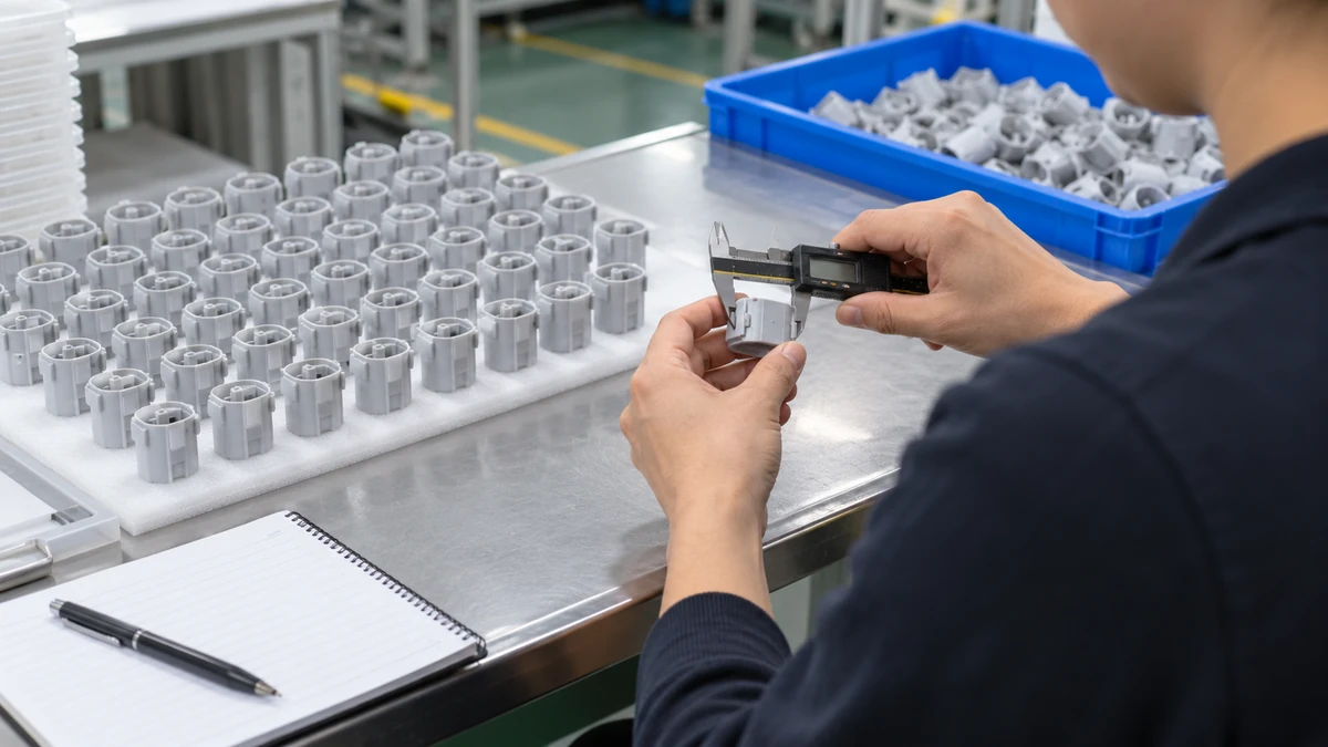 Third-party inspector checking product dimensions during a factory inspection