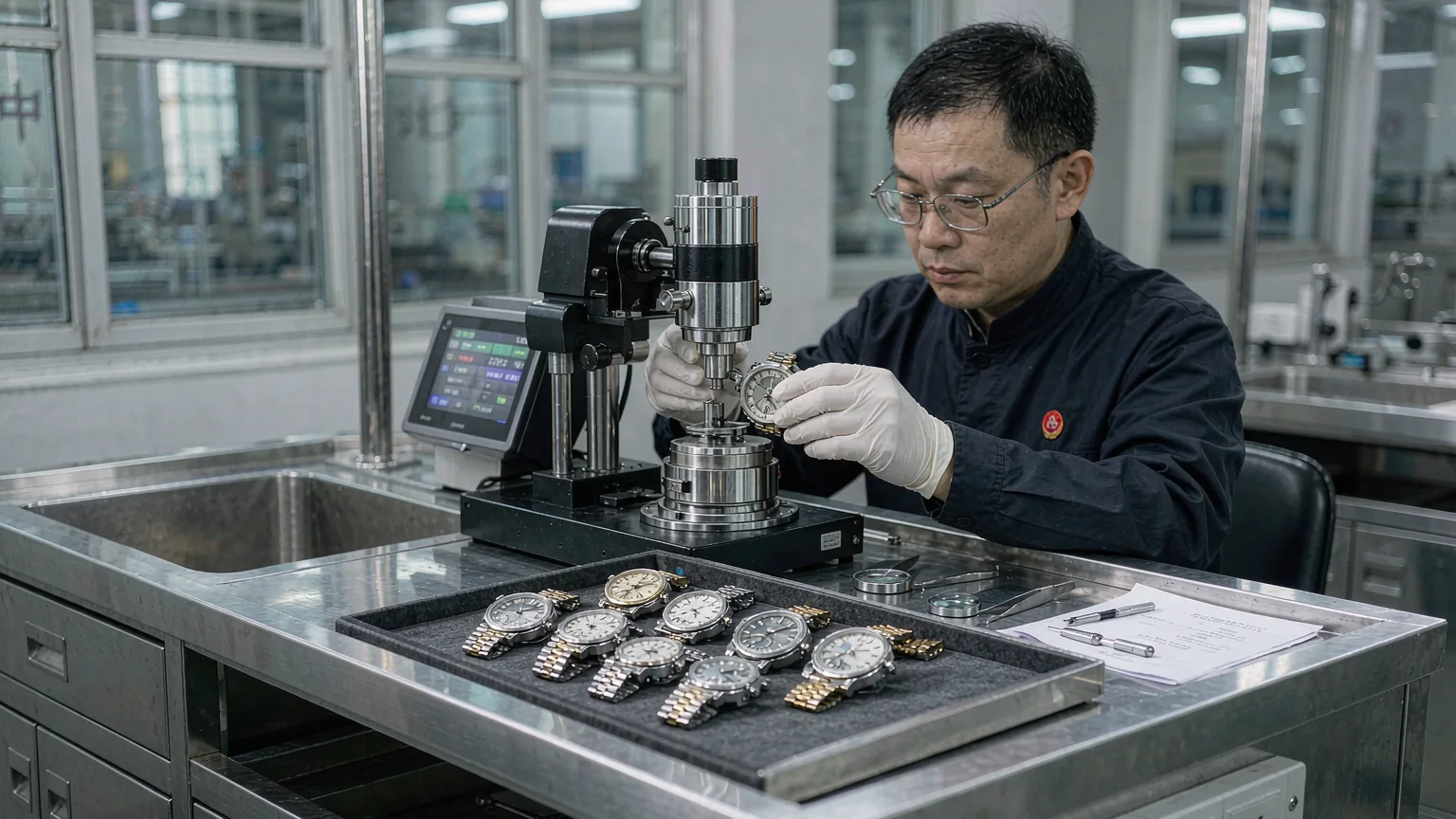UTS inspector testing analog quartz watches on a timegrapher timing machine at a watch inspection bench