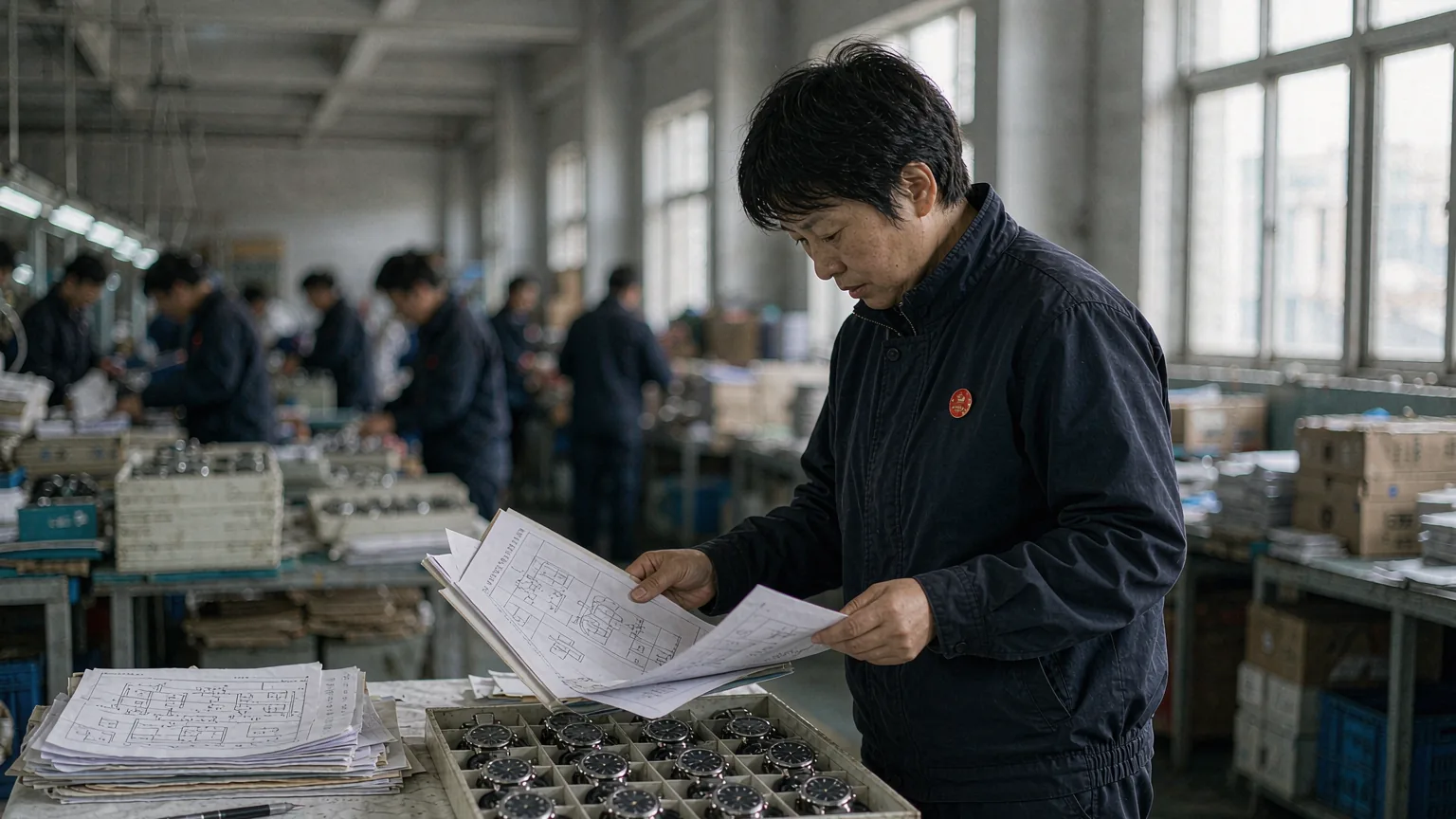 UTS inspector cross-checking a purchase order, specification sheet and drawings against a tray of finished watches at the factory