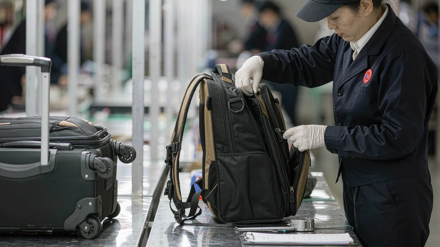 UTS inspector checking the stitching, zipper and shoulder strap of a finished backpack beside a trolley suitcase at the factory