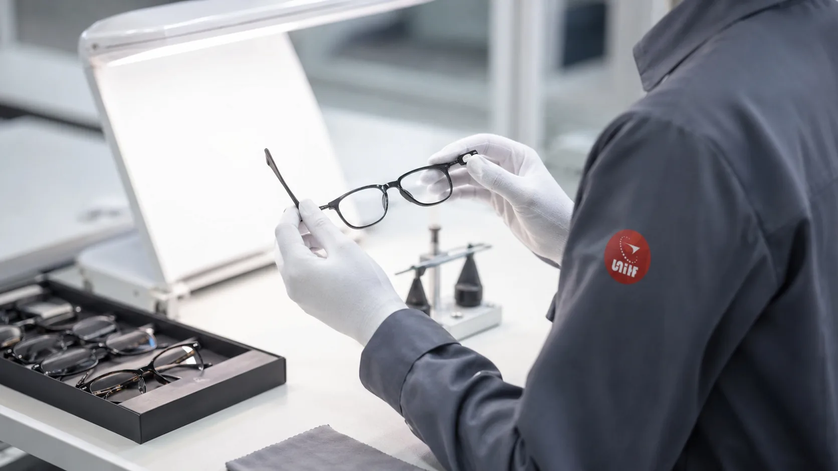 UTS inspector checking eyewear frames and lenses at an inspection desk