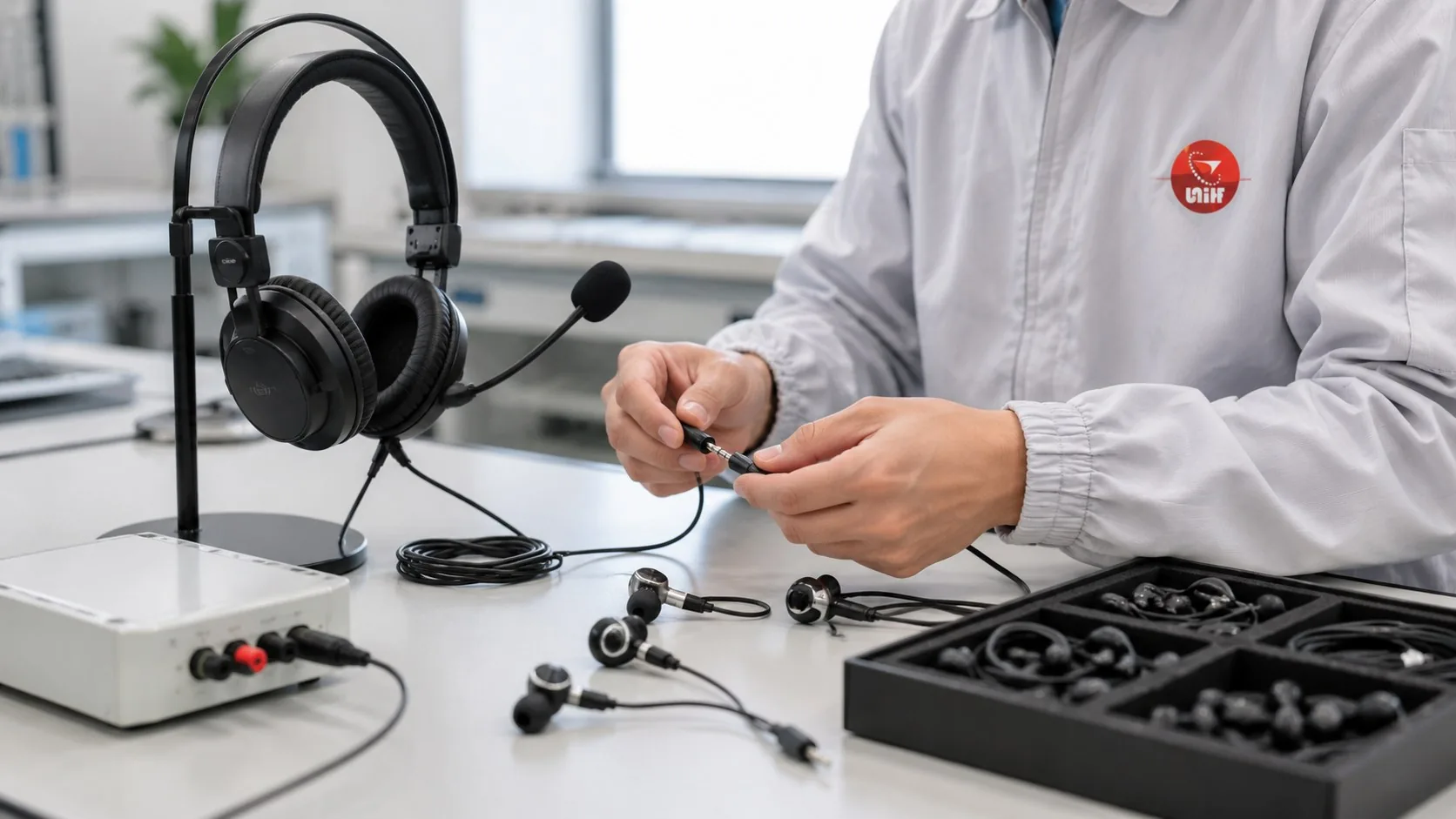 UTS inspector testing earphones and headsets with audio measurement equipment