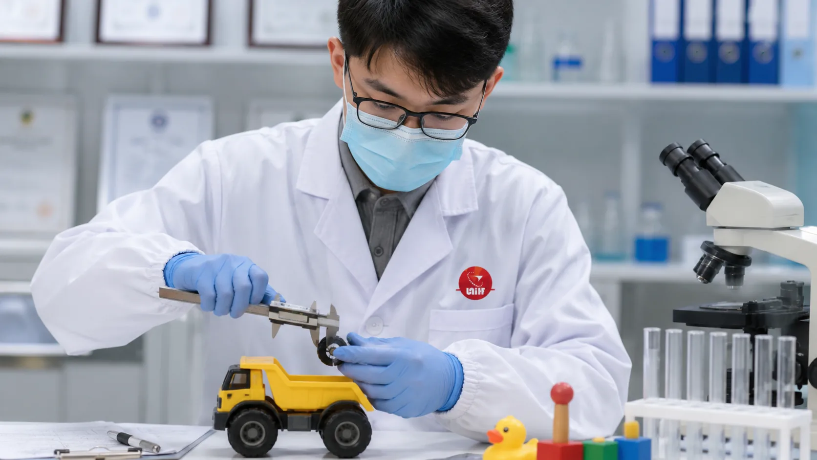 UTS technician measuring a toy with a caliper in the laboratory